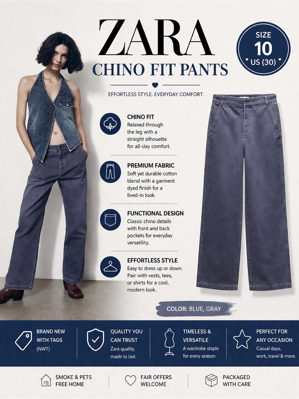 ZARA Blue Gray Chino Fit Pants Size 10 US 30 NWT Wide Leg Garment Dyed Trousers
